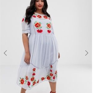Embroidered smock blue midi dress with embroidery